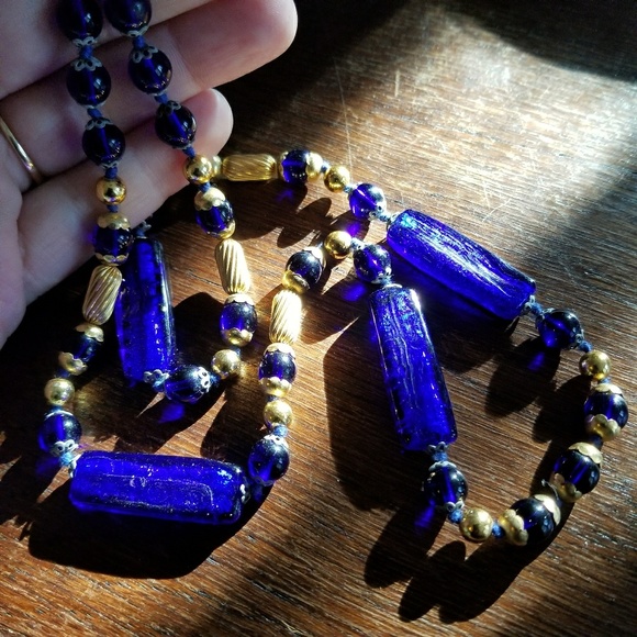 Relisted- cobalt blue glass bead necklace Czech gold - Picture 7 of 9